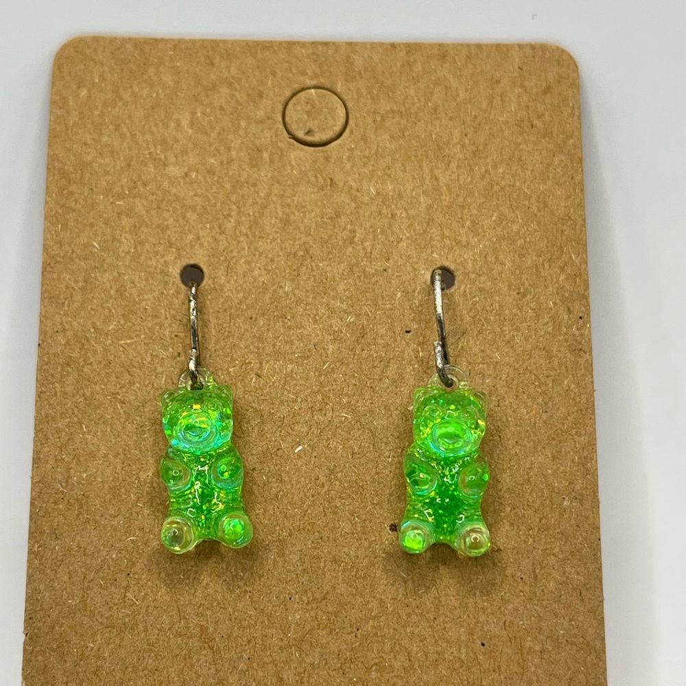 Shiny green gummy bear dangling earrings